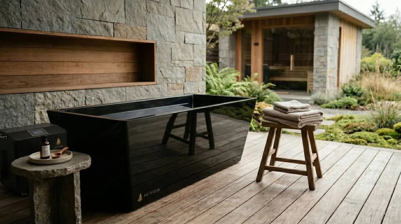 Black rectangular cold plunge on a wood deck with towels, a chiller, and a sauna in the background
